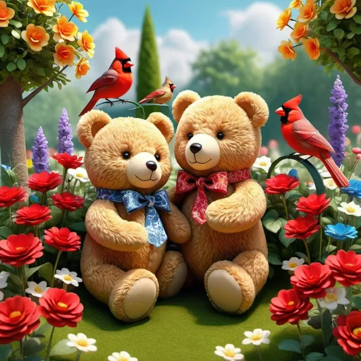 Prompt: Teddy bears with floral patterns, posed in an adorable 3D garden with blooming flowers and a red cardinal bird

 64k, hyper detailed, expressive, beautiful, golden ratio, symmetric, precise, perfect proportions, complementary colors, UHD, HDR, top quality artwork, beautiful detailed background, unreal 5, artstation, deviantart, instagram, professional, 16k