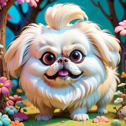 Prompt: Super cute white Pekingese, fluffy fur, whimsical fantasy setting, 3d character, amazing colors, skottie young, 3d blender render, pop surrealism, physically based rendering, square image, hyperdetailed, adorable
