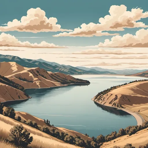 Prompt: A vintage-style illustration of Horsetooth Reservoir in Fort Collins, Colorado. Depict the reservoir's serene waters surrounded by rolling hills and rugged rock formations. 


Use a muted color palette with sepia tones and faded hues to evoke an old-fashioned feel. Incorporate subtle textures and grain to enhance the vintage look, reminiscent of mid-20th-century travel posters or classic landscape paintings. Include classic elements such as a soft, atmospheric sky with gentle clouds and maybe a few vintage-style boats or people enjoying the scenery.