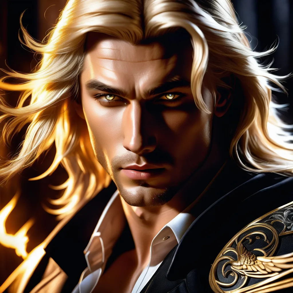 Prompt: Create a captivating portrait capturing the essence of a sadistic yet captivating archangel. Picture a stunningly beautiful man with flowing blonde hair, his piercing gaze conveying a mixture of allure and menace.

High quality, highres, bright lighting, glowing