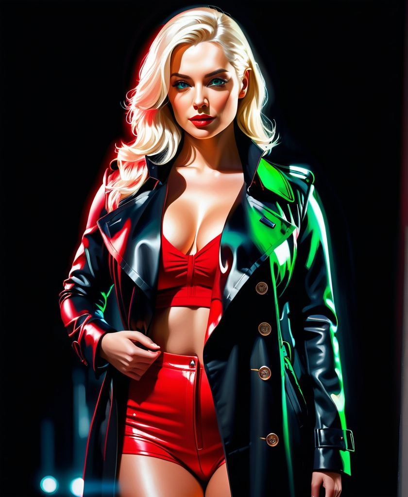 Prompt: A platinum blonde woman with a black trench coat and red tank top standing. 

Perfect anatomy. Curvy physique.

Glowing, bright lighting, 8k

 Subtle reflections, high resolution, lifelike details, detailed facial features, professional, realistic painting, atmospheric lighting, high quality, lifelike.