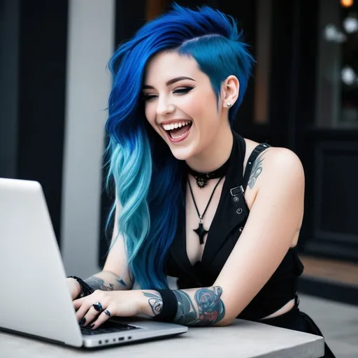 Prompt: A gorgeous woman laughing on her laptop. 

Blue hair, goth, side shave.



