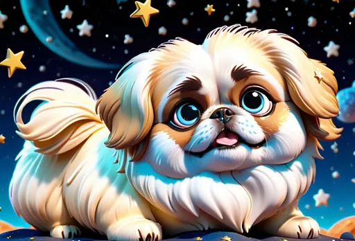 Prompt: Super cute baby cream & white Pekingese in the night sky filled with stars, 3d character, skottie young, 3d blender render, physically based rendering, square image, hyperdetailed, adorable.