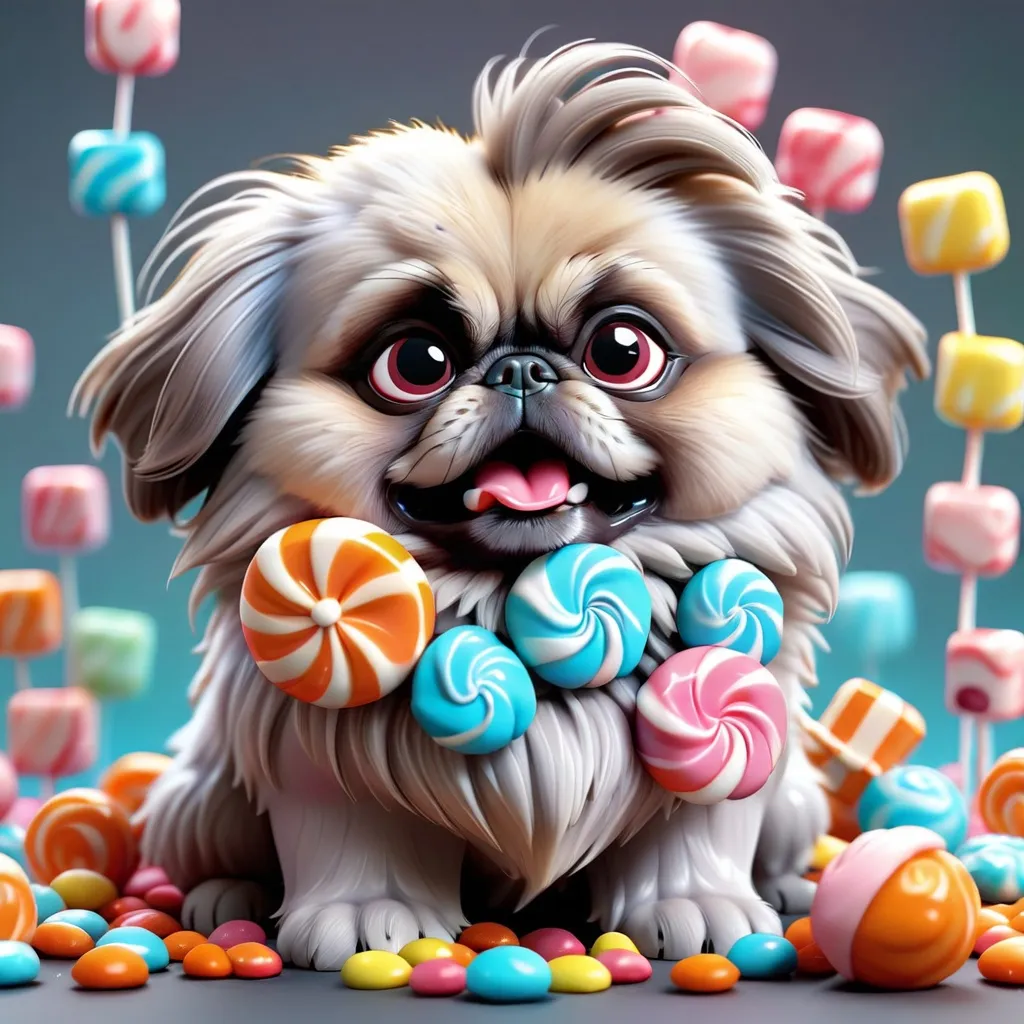 Prompt: Super cute baby grey Pekingese, fluffy fur, whimsical candy setting, 3d character, amazing colors, skottie young, 3d blender render, pop surrealism, physically based rendering, square image, hyperdetailed, adorable