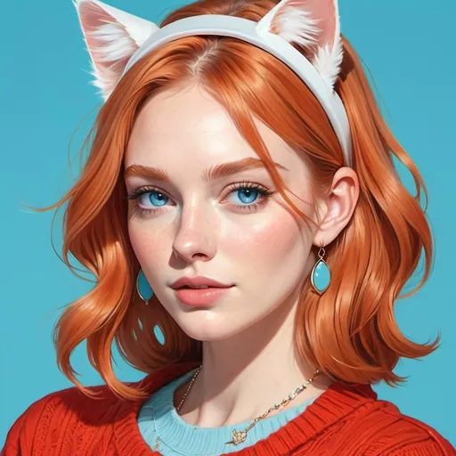 Prompt: Illustration of a woman with mid-length side part ginger hair| opal necklace| Wearing white cat ears headband | wearing a red sweater | pretty face | tiffany blue background| |blue eyes| fair skin | glossy lips| unreal | animation | inspiration Kiki Xu|