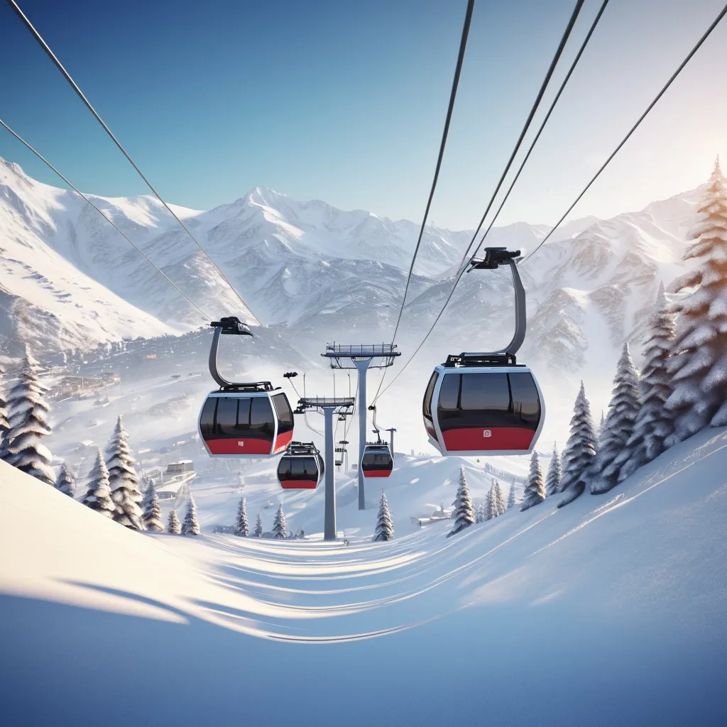 Prompt: two ski gondolas at a beautiful snowy ski resort, highres, Unreal landscape. 