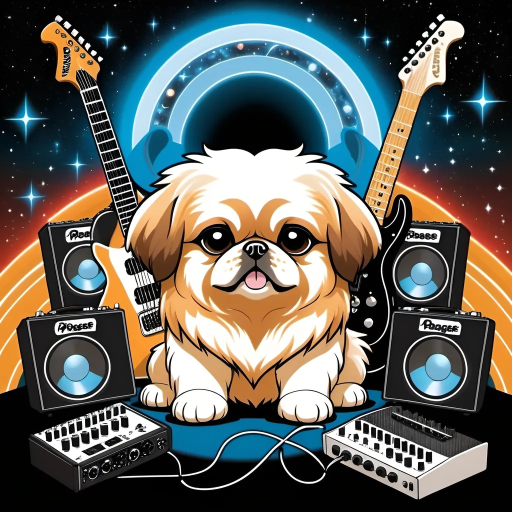 Prompt: A Chibi Pekingese dog in a prog metal band setting, surrounded by electric guitars and amplifiers, with cosmic energy swirling around.

High quality. 
