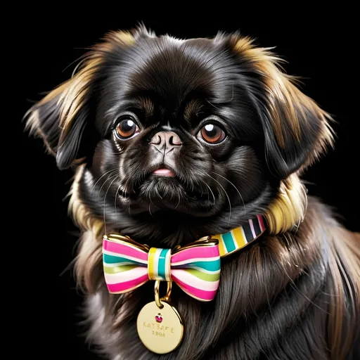 Prompt: Create a black Pekingese dog wearing a colorful striped collar with gold hardware and a Kate Spade New York tag. 

black background

hyper realistic, 8K --s99500