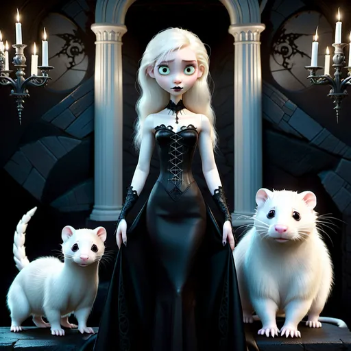 Prompt: Platinum blonde gothic woman standing by a white ferret, gothic style, ethereal, high quality, detailed, gothic fashion, pale complexion, dramatic makeup, dark attire, mysterious atmosphere, atmospheric lighting, elegant, detailed hair, haunting gaze, delicate features, ethereal pet, best quality, detailed, gothic, elegant, atmospheric lighting, pale complexion