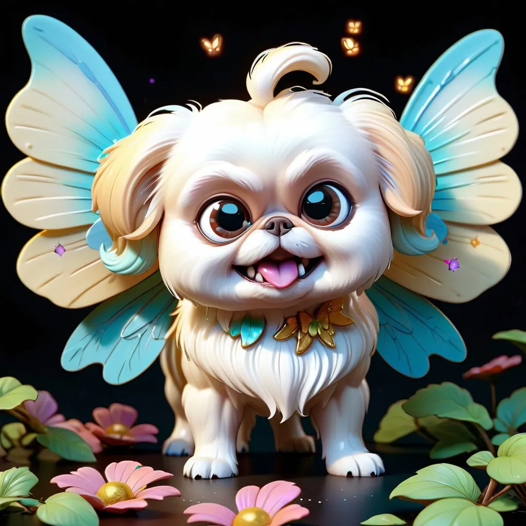 Prompt: Super cute baby cream & white Pekingese with fairy wings, 3d character, amazing colors, skottie young, 3d blender render, pop surrealism, physically based rendering, square image, hyperdetailed, adorable