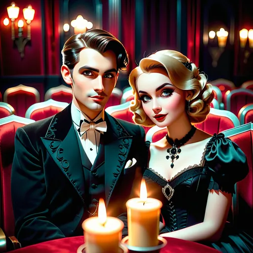 Prompt: Gothic couple's first date at the movie theater, atmospheric gothic style, vintage film grain, dramatic lighting, detailed facial features, dark, romantic, elegant attire, old-fashioned movie theater interior, romantic candlelit ambiance, high quality, vintage, dramatic lighting, gothic, detailed faces, romantic, elegant attire