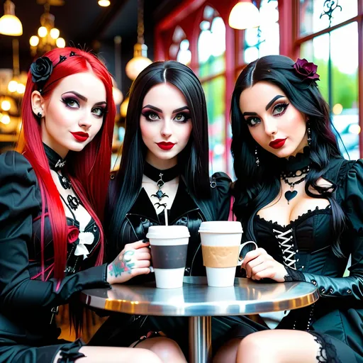 Prompt:  gang of beautiful gothic women having an awkward first date at a coffee shop