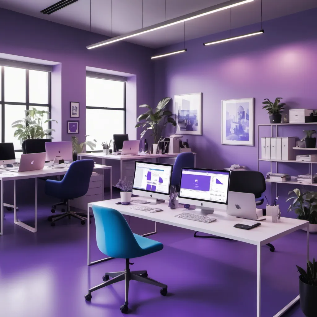 Prompt: pr office works remotely, people and things in the office are purple and blue colors