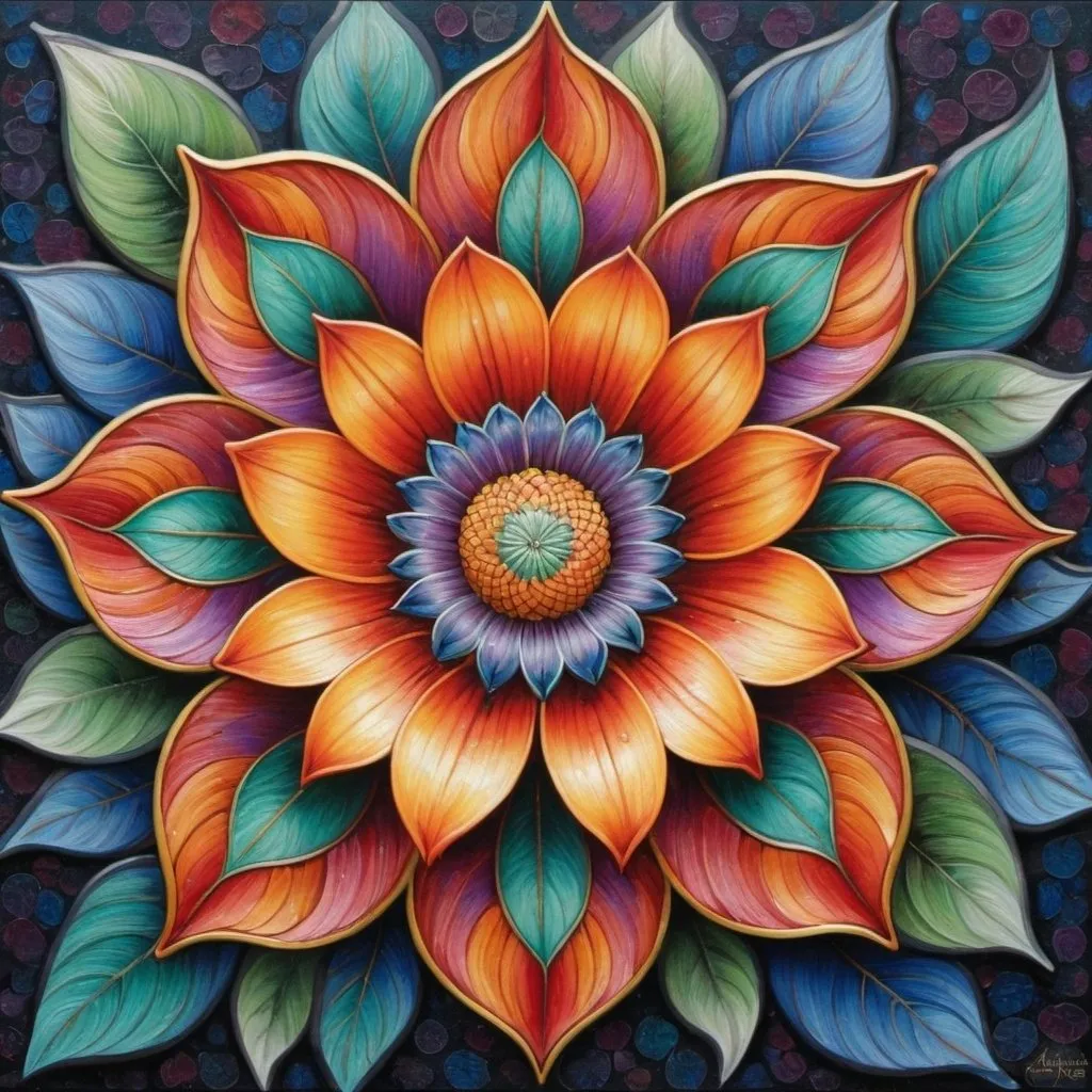 Prompt: a colorful flower with many different colors on it's petals and leaves, painted in acrylic paint, Amanda Sage, cloisonnism, detailed painting, a detailed painting