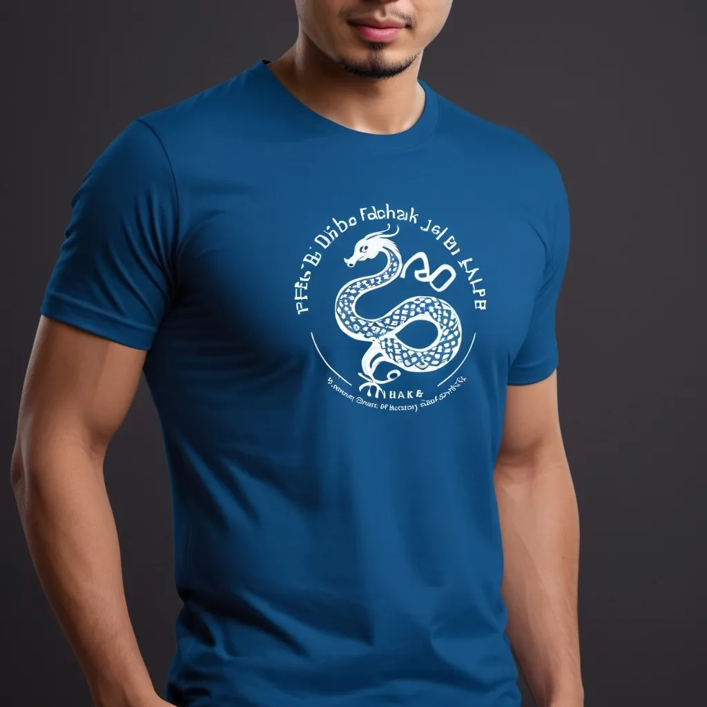 Prompt: First Abu Dhabi Bank (FAB) Corporate T shirt (blue) design with FAB company logo on left chest area and minimalist design of chinese zodiac snake on back of T shirt