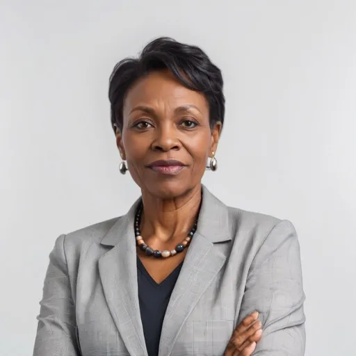 Prompt: Standing close photo of a  black 50-year-old woman in business casual attire on white background. The portrait focuses on his face and shoulders, 


