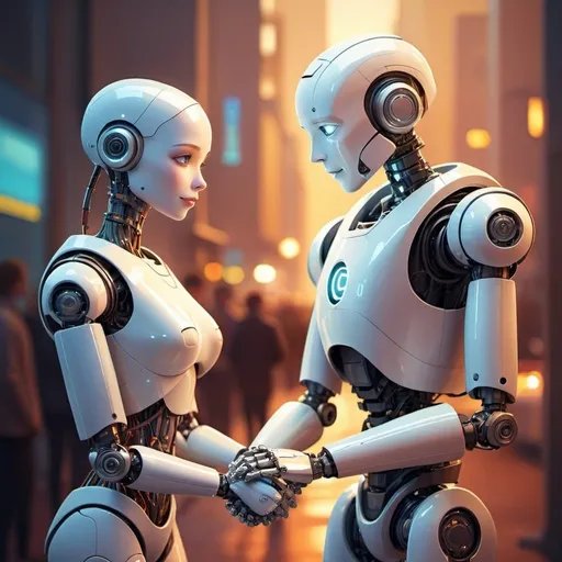 Prompt: romantic couple, friendly robot, love, holding hands, affectionate gaze, futuristic, robot-human interaction, professional illustration, warm lighting, soft tones, digital painting, high quality, detailed