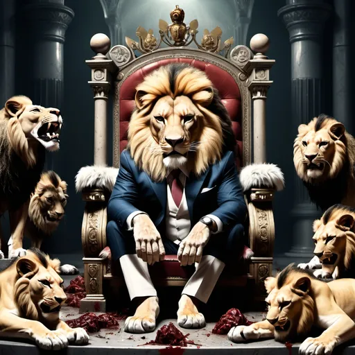 Prompt: A mafia lion sitting on the king's throne with many lion corpses scattered around him