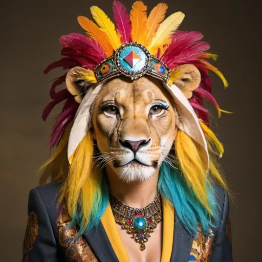 Prompt: female lion with suit and Headdress and colored hair and face makeup