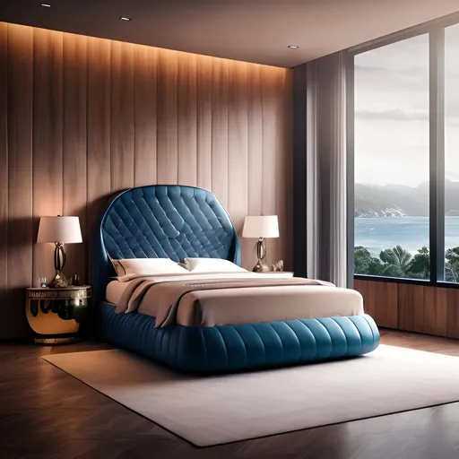 Prompt: a product shot photo of a shiny vkac bed shaped like a rolls royce car in a spacious bedroom, soft smooth lighting, 3d blender, rendered  modern background, modern clad wood walls, ocean view,
landscape ratio 