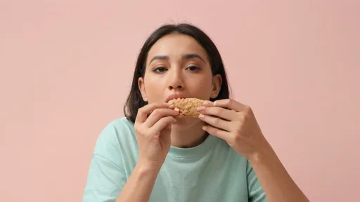 Prompt: a person eating snack in the middle 
with plain pastel colored background