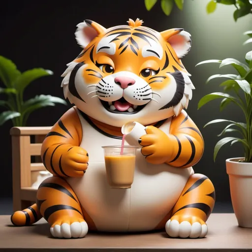 Prompt: Create a cute fat tiger. The tiger is talking and drinking milk tea.