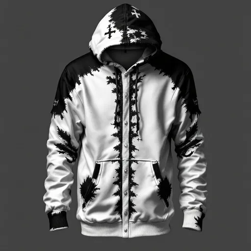 Prompt: a hoodie with strippers black and white 3d down the whole garmet with rustic salior hooks