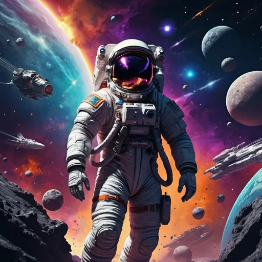 Prompt: an astronaut in space with this cosmic space suit exploring space with his turbo-charged spaceship while exploring he enters a war area and surrounded with enemy warcrafts