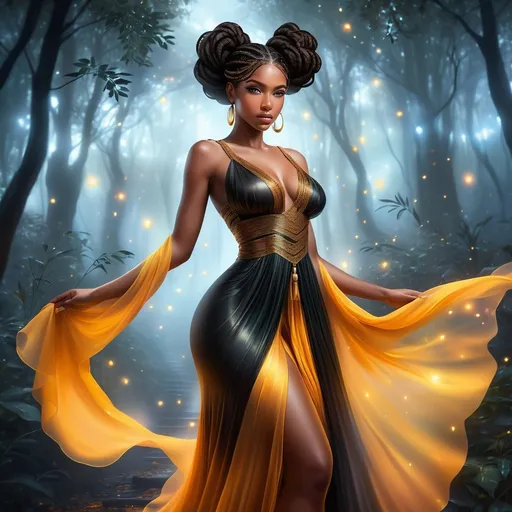 Prompt: Full length wide angle image of a stunning semi realistic beautiful curvy dark brown skin African American woman with black braids dressed in a flowy dress example of digital art that combines realism and fantasy. The face has expressive amber eyes. The background is a misty forest at night, creating a dreamy and ethereal atmosphere. The image is highly detailed skilled and creativity.