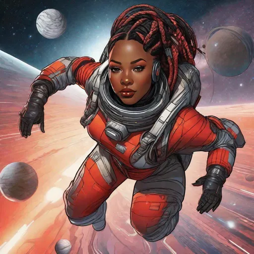 Prompt: Highly Detailed image combining digital graphic novel art and sci-fi elements. Wide angle view, Full length view, Plus size dark skin African American woman with black and red braids dressed in a futuristic streamlined space suit, floating in space 