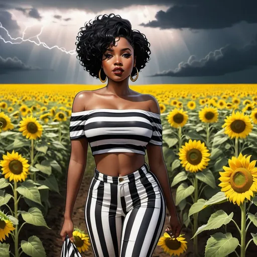 Prompt: HD Hi resolution detailed full length wide angle view digital graphic novel image of a curvy dark skin African American woman with short black natural hair with shaved sides, dressed in a black and white striped two piece pants outfit with the top being off the shoulder, walking through a field of sunflowers during a thunderstorm