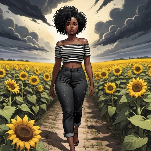 Prompt: detailed full length wide angle view digital graphic novel image of a curvy dark skin African American woman with short black natural hair with shaved sides, dressed in a black and white striped two piece pants outfit with the top being off the shoulder, walking through a field of sunflowers during a thunderstorm