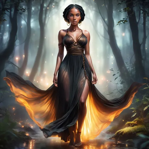 Prompt: Full length wide angle image of a stunning semi realistic beautiful curvy dark brown skin African American woman with black braids dressed in a flowy dress example of digital art that combines realism and fantasy. The face has expressive amber eyes. The background is a misty forest at night, creating a dreamy and ethereal atmosphere. The image is highly detailed skilled and creativity.