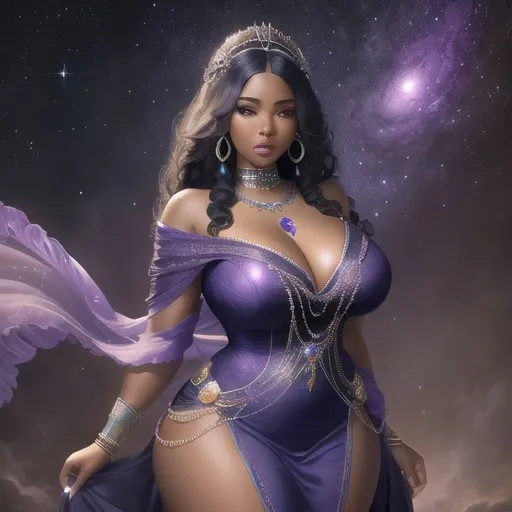 Prompt: Full length view wide angle view African American woman image of a stunning semi realistic beautiful curvy plus size dark skin African American woman with dark blue hair dressed in a flowy dark blue dress that trails, with silver necklace jewelry inlaid with amethyst example of digital art that combines realism and fantasy. The face has expressive amethyst eyes. The background is a starry sky, creating a dreamy and ethereal atmosphere. The image is highly detailed skilled and creativity.
