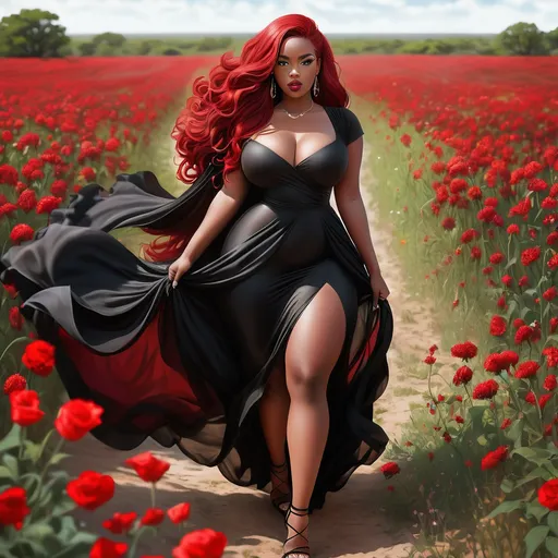 Prompt: Detailed full length, wide angle view, images of a curvy, thick brown skin African American woman with long black and red hair, dressed in a long, flowy black and red goth style dress, walking through a field of red and black flowers
