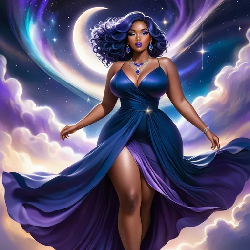 Prompt: Full length view wide angle view African American woman image of a stunning semi realistic beautiful curvy plus size dark skin African American woman with dark blue hair dressed in a flowy dark blue dress that trails, with silver necklace jewelry inlaid with amethyst example of digital art that combines realism and fantasy. The face has expressive amethyst eyes. The background is a starry sky, creating a dreamy and ethereal atmosphere. The image is highly detailed skilled and creativity.