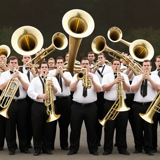 Prompt: Make a realistic photo of a brass band consisting of trumpets, trombones, horns, euphoniums, and tubas