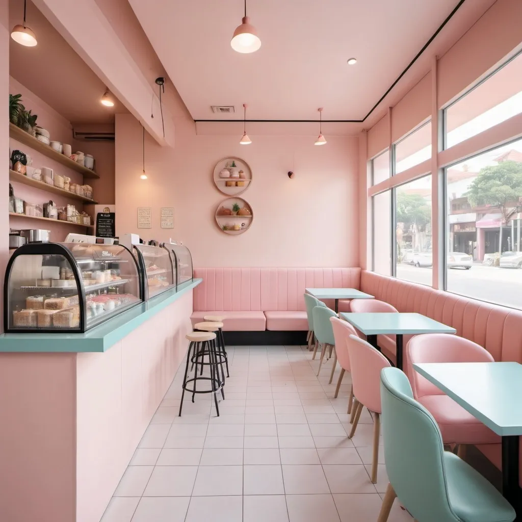 Prompt: A cafe with pastel colour palette and upgraded modern interior 