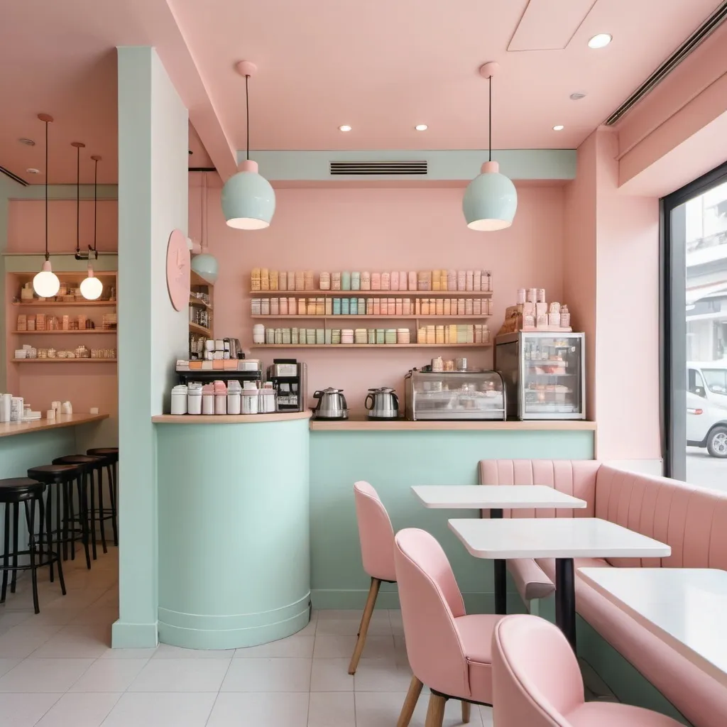 Prompt: A cafe with pastel colour palette and upgraded modern interior 