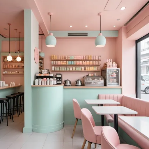 Prompt: A cafe with pastel colour palette and upgraded modern interior 