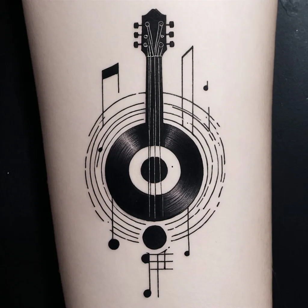 Prompt: Tattoo based on music conception minimal design geometric realistically inked