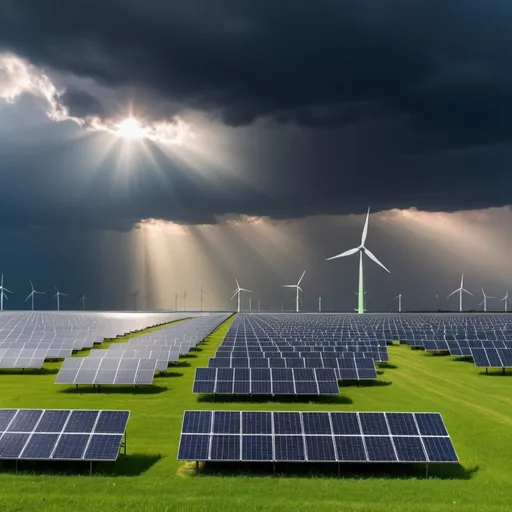 Prompt: create a photo with the follow:
Foreground of a green flat land filled with photovoltaic panels and  the side a deep see with offshore  windmills platforms. There must be rays of sun piercing through the dark clouds expressing hope