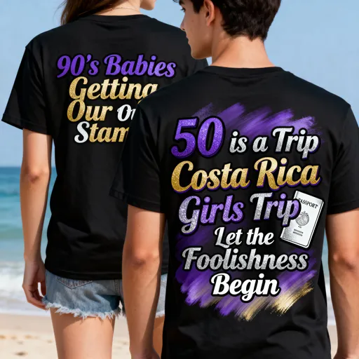 Prompt: create a t-shirt design that the on the front says "50 is a Trip Costa Rica Girls Trip" and the "Let the Foolishness Begin" in the colors royal purple, metallic gold, platinum and white make it a creative airbrushed look 50th birthday shirt that is fun and creative  on the back i want it to say just 90's Babies Getting Our Stamps with a picture of a passport