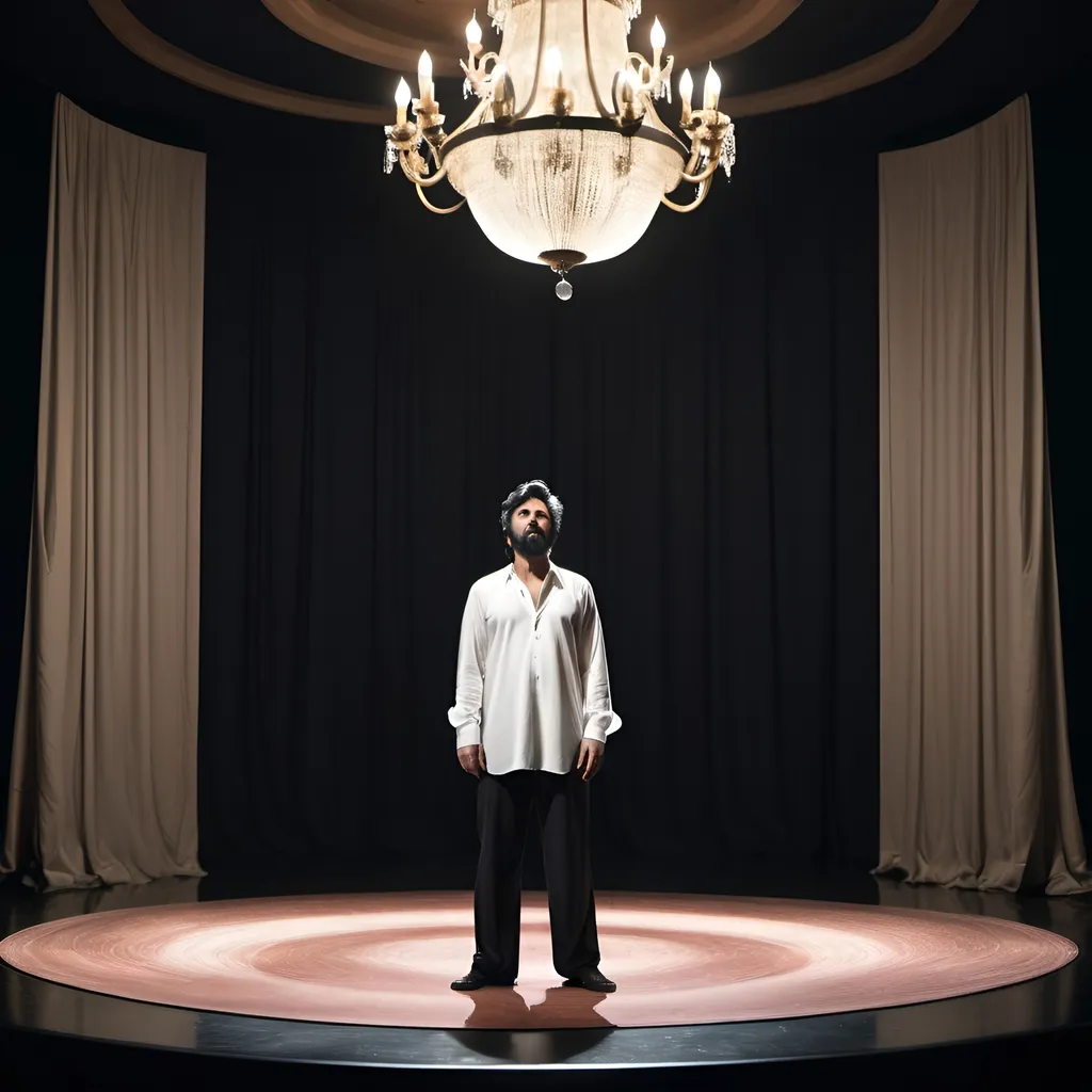 Prompt: Dariush Iqbali, a male singer with very thin black hair and beard, is standing on a circular stage. From the distance, we can see him alone. He is wearing a white shirt, black fabric pants, a single coat, behind him is a full-length curtain, and a large chandelier is hanging from the ceiling. Cinematic lighting and details