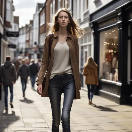 Prompt: Tall young woman walking down the high street, detailed clothing, realistic, natural lighting