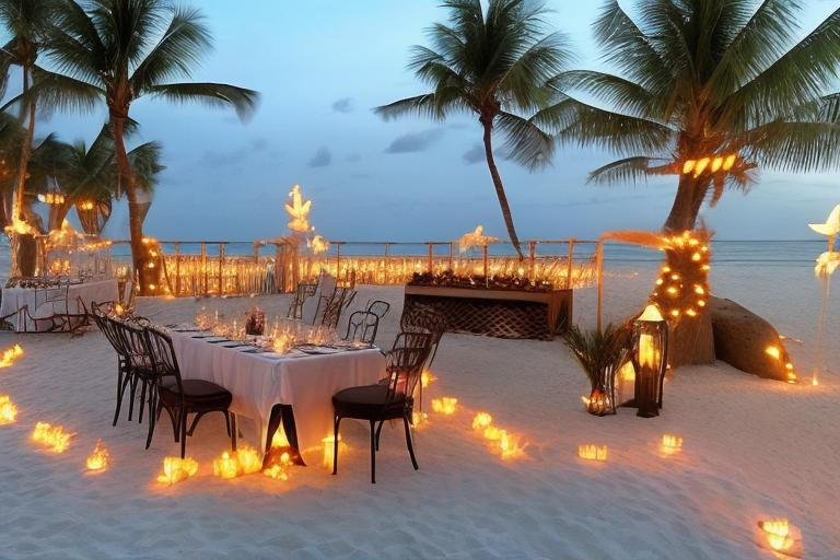 Prompt: draft me a stage to perform music for Valentine's dinner at a 5-star beachfront resort. The theme is "Rekindling the flame", decor materials should be natural
