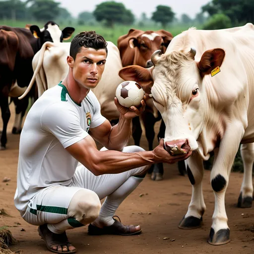 Prompt: 
A famous football player Cristiano Ronaldo, wearing his football uniform with a well-fitted jersey and his iconic number on the back, is seen milking a cow by hand on an Indian farm, much like traditional Indian farmers. His expression is one of focus and determination, with his strong,
symmetrical jawline, high cheekbones, and dark, arched eyebrows adding to his intense look. He has deep brown eyes and a straight nose, while his bright, Hollywood-style smile with perfectly aligned white teeth is visible as he engages in this humble task. His short, neatly groomed hair contrasts with the rural setting, adding to the image's humorous charm. The background includes rustic farm elements and more cows, highlighting his down-to-earth experience on an Indian farm