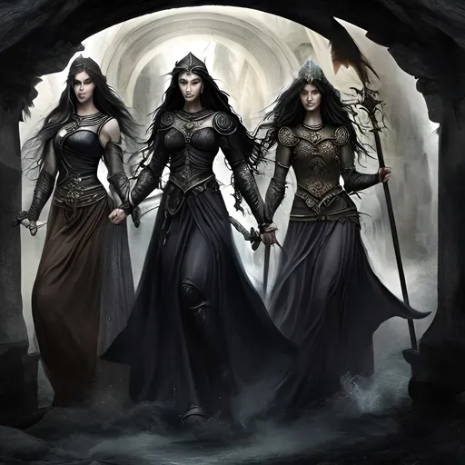 Prompt: Godess Ceridwen, tripple godess, three woman, black hair, medieval, Avalon, godess witch, mist, power