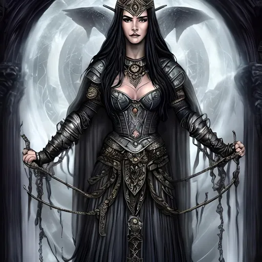 Prompt: Godess Ceridwen, tripple godess, three woman, black hair, medieval, Avalon, godess witch, mist, power