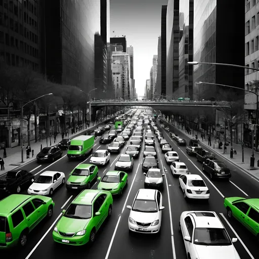 Prompt: City traffic in black and white and green the image should be a background for a website 